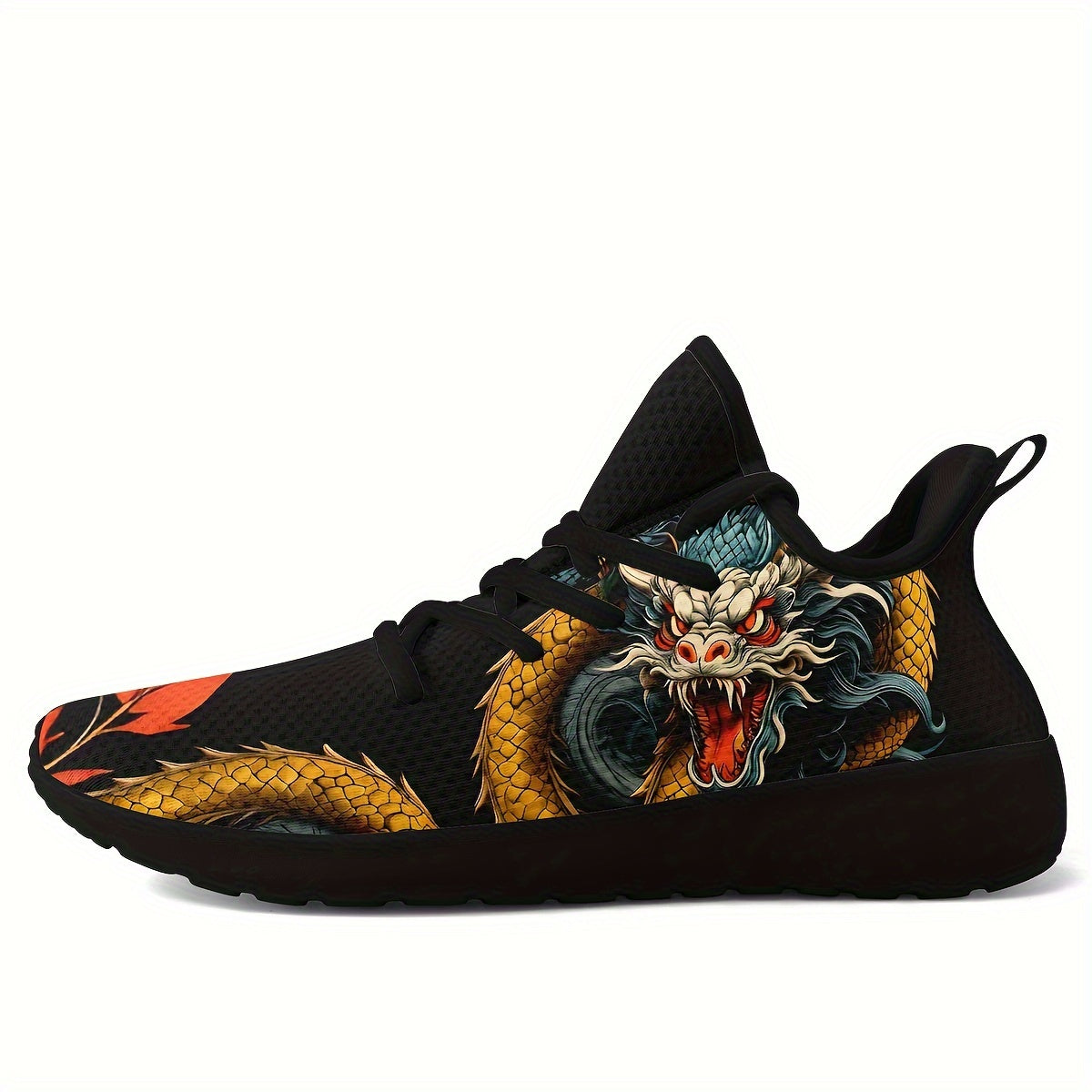 Men's Chinese Dragon Graphic Design Knit Breathable Running Shoes, Comfy Soft Sole Shock Absorption Lace Up Sneakers