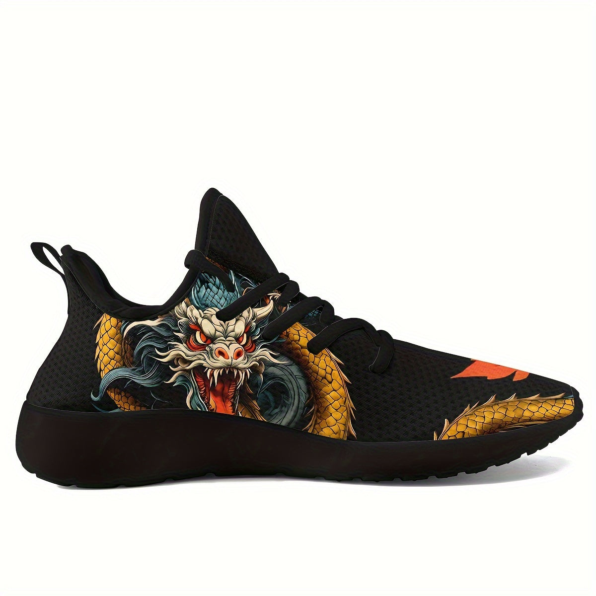 Men's Chinese Dragon Graphic Design Knit Breathable Running Shoes, Comfy Soft Sole Shock Absorption Lace Up Sneakers
